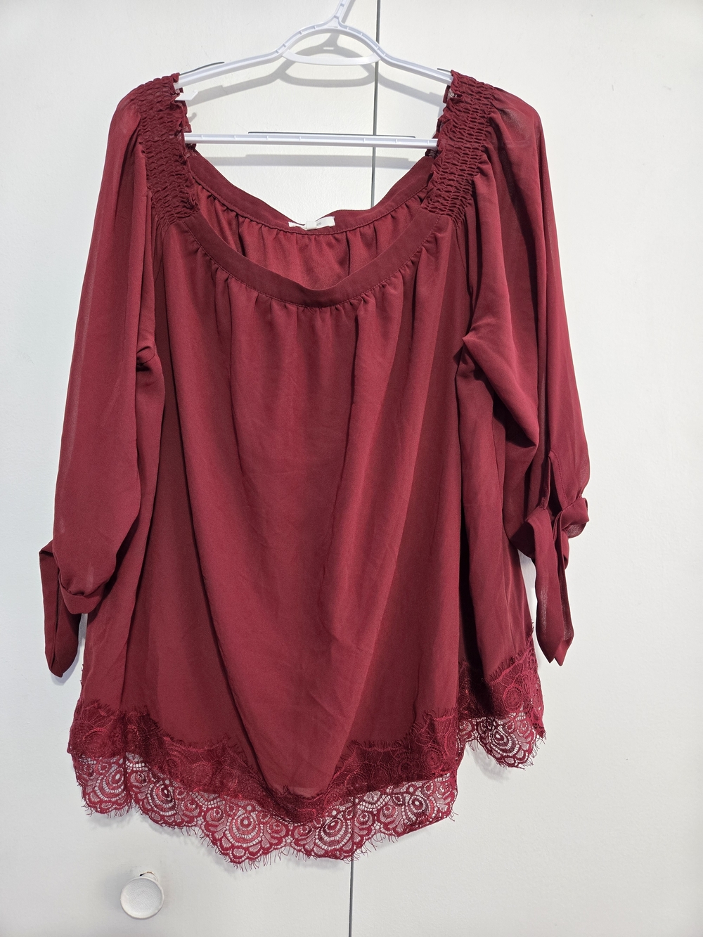 Maurices Burgundy Lace Hem Peasant Blouse Size 2X Boho Sheer Sleeve‎